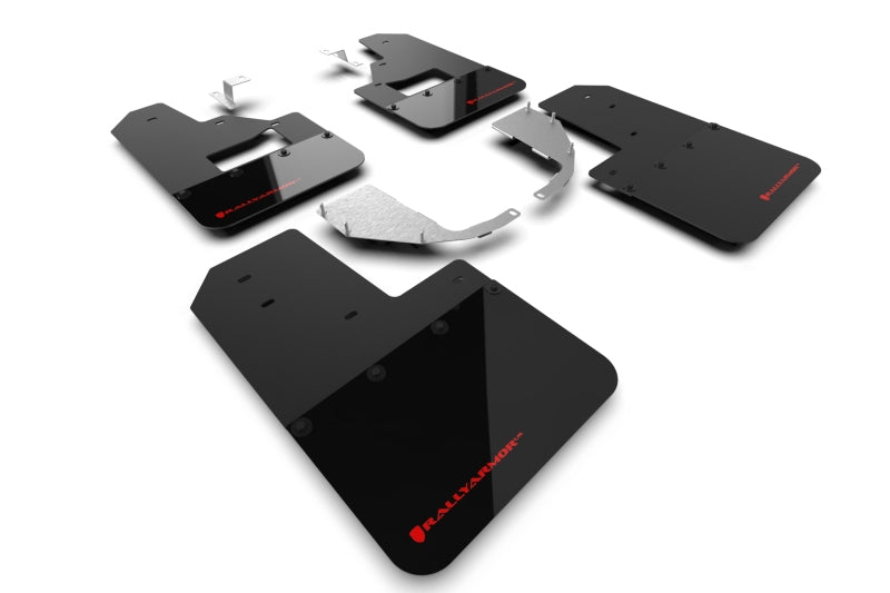 Rally Armor Mud Flaps for 2021+ Ford Bronco With Factory Running Boards And Steel Rear Bumper Black Flap Red Logo | MF85-RB-ST-RD