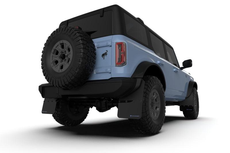 Rally Armor Mud Flaps for 2021+ Ford Bronco w OEM Rock Rails & Plastic Rear Bumper Black Flap Blue Logo | ralMF85-RR-PL-ABL