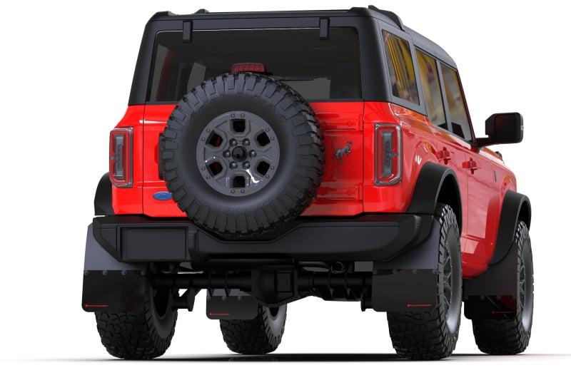 Rally Armor Mud Flaps for 2021+ Ford Bronco w OEM Rock Rails & Plastic Rear Bumper Black Flap Blue Logo | ralMF85-RR-PL-ABL