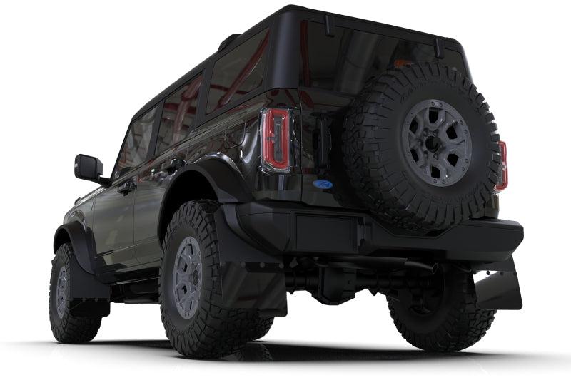 Rally Armor Mud Flaps for 2021+ Ford Bronco w Steel Rear Bumper, No Rock Rails & No Running Boards Black Flap Blue Logo | MF85-NO-ST-ABL