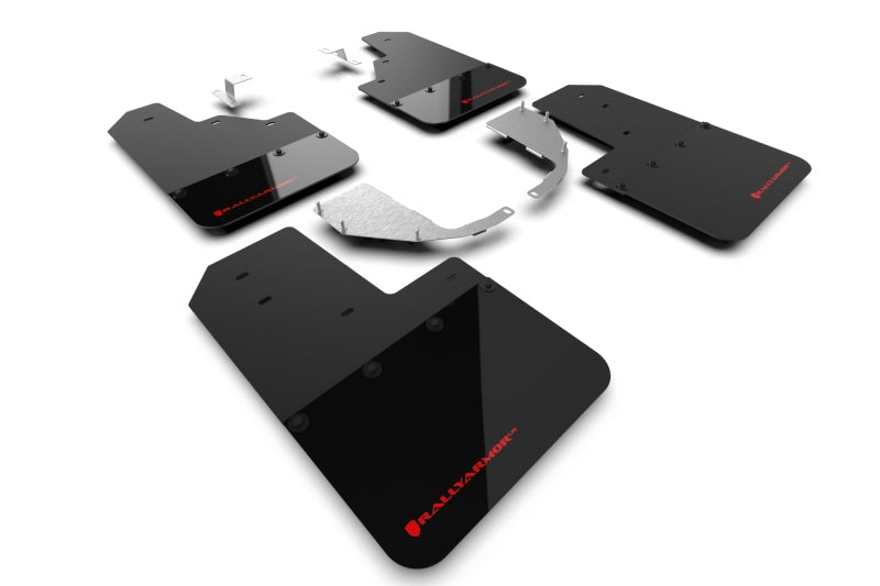 Rally Armor Mud Flaps for 2021+ Ford Bronco w Steel Rear Bumper, No Rock Rails & No Running Boards Black Flap Red Logo | MF85-NO-ST-RD