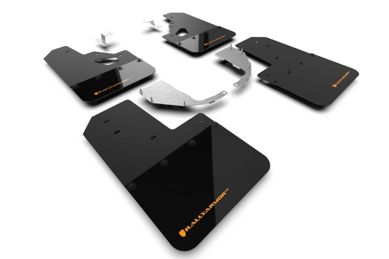 Rally Armor Mud Flaps for 2021+ Ford Bronco with Factory Rock Rails and Steel Rear Bumper Black Flap w Orange Logo | MF85-RR-ST-COR