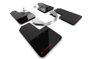 Rally Armor Mud Flaps for 2021+ Ford Bronco with Factory Rock Rails and Steel Rear Bumper - Black Flap w Red Logo | MF85-RR-ST-RD