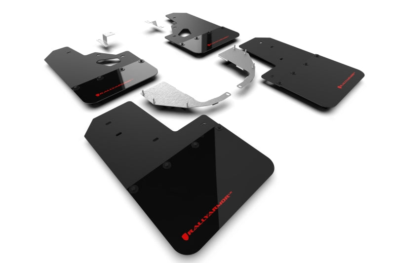 Rally Armor Mud Flaps for 2021+ Ford Bronco with Factory Rock Rails and Steel Rear Bumper - Black Flap w Red Logo | MF85-RR-ST-RD