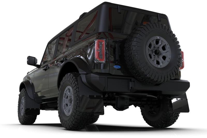 Rally Armor Mud Flaps for 2021+ Ford Bronco w OEM Rock Rails & Plastic Rear Bumper Black Flap Black Logo | ralMF85-RR-PL-MBK