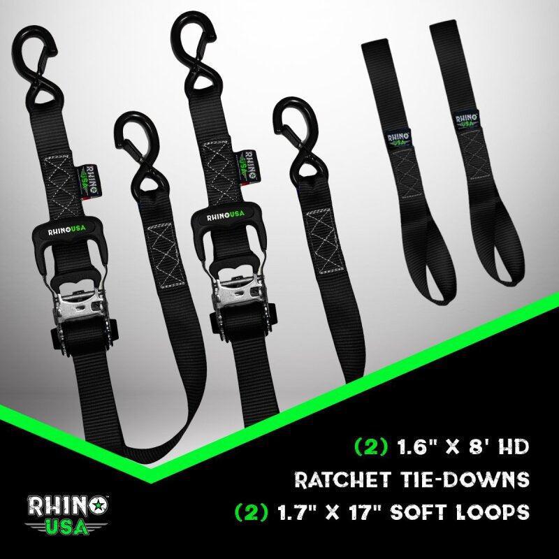 Rhino USA Heavy Duty Ratchet Tie-Downs 2-Pack (Black) 1.6In X 8Ft | GRLA-TDWN-SET