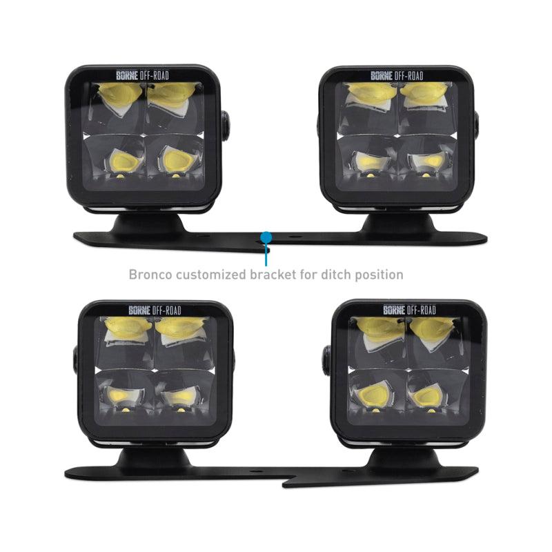 Borne Off-Road Light Pods 4pc Ditch 3x3 Flood Upfit for 21+ Ford Bronco | BNLT-BR-21-DT4FU