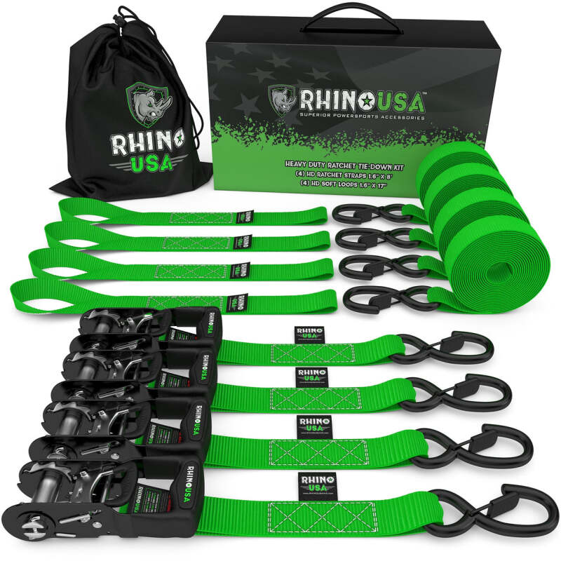 Rhino USA Heavy Duty Ratchet Tie-Down 4-Pack Green 1.6In X 15Ft | TD-GC1.6X15-GRN