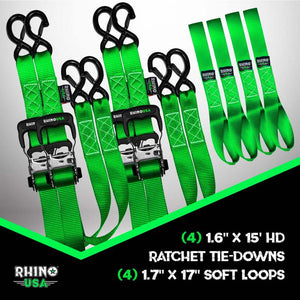 Rhino USA Heavy Duty Ratchet Tie-Down 4-Pack Green 1.6In X 15Ft | TD-GC1.6X15-GRN
