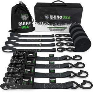 Rhino USA Heavy Duty Ratchet Tie-Down 4-Pack (BLACK) 1.6In X 15Ft | TD-GC1.6X15-BLK