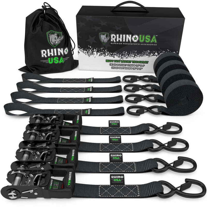 Rhino USA Heavy Duty Ratchet Tie-Down 4-Pack (BLACK) 1.6In X 15Ft | TD-GC1.6X15-BLK