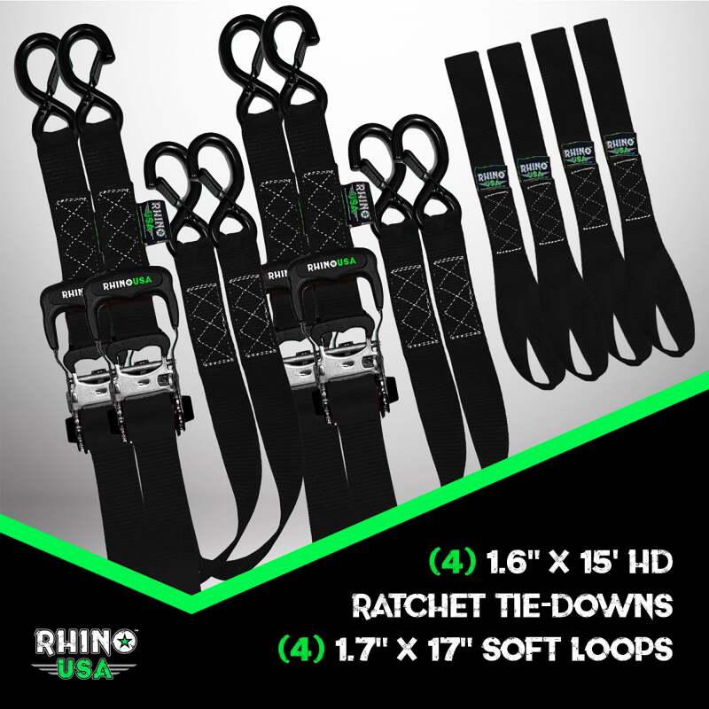 Rhino USA Heavy Duty Ratchet Tie-Down 4-Pack (BLACK) 1.6In X 15Ft | TD-GC1.6X15-BLK