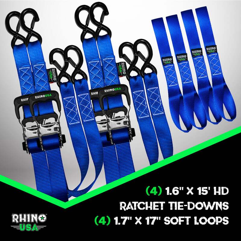Rhino USA Heavy Duty Ratchet Tie-Down 4-Pack Blue 1.6In X 15Ft | TD-GC1.6X15-BLU
