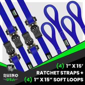 Rhino USA Medium Duty Ratchet Strap Tie-Down 4-Pack (Blue) | RCHT-4PACK-BLU