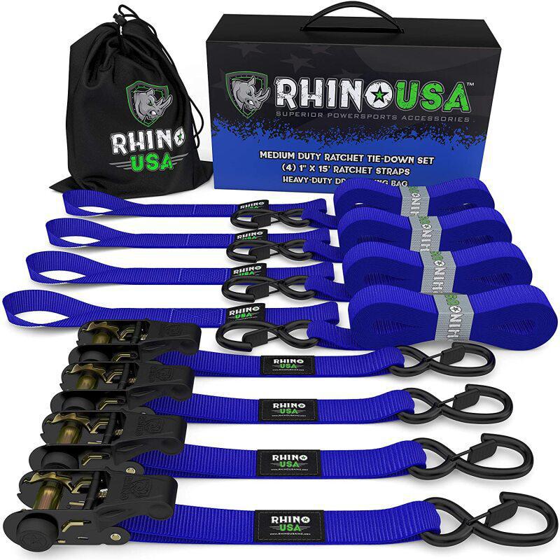 Rhino USA Medium Duty Ratchet Strap Tie-Down 4-Pack (Blue) | RCHT-4PACK-BLU