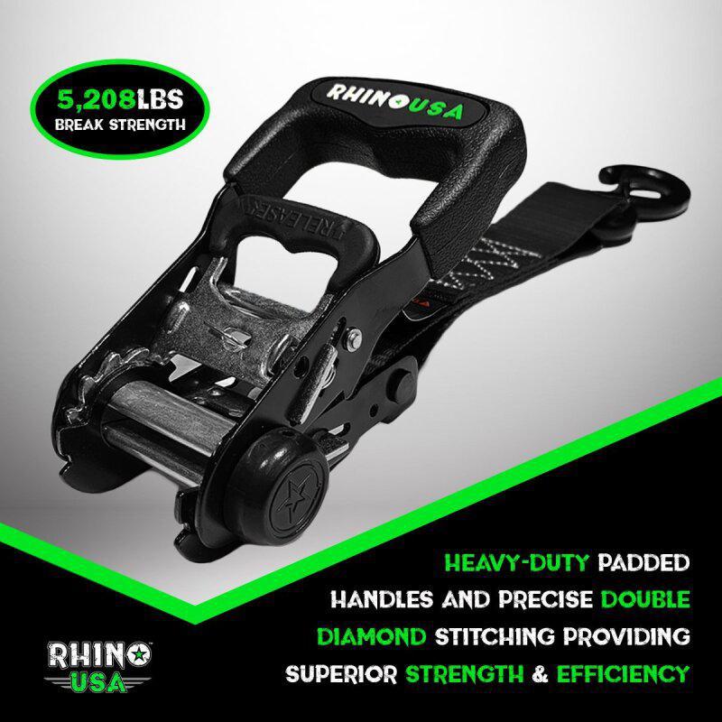 Rhino USA Heavy Duty Ratchet Tie-Downs 2-Pack (Black) 1.6In X 8Ft | GRLA-TDWN-SET