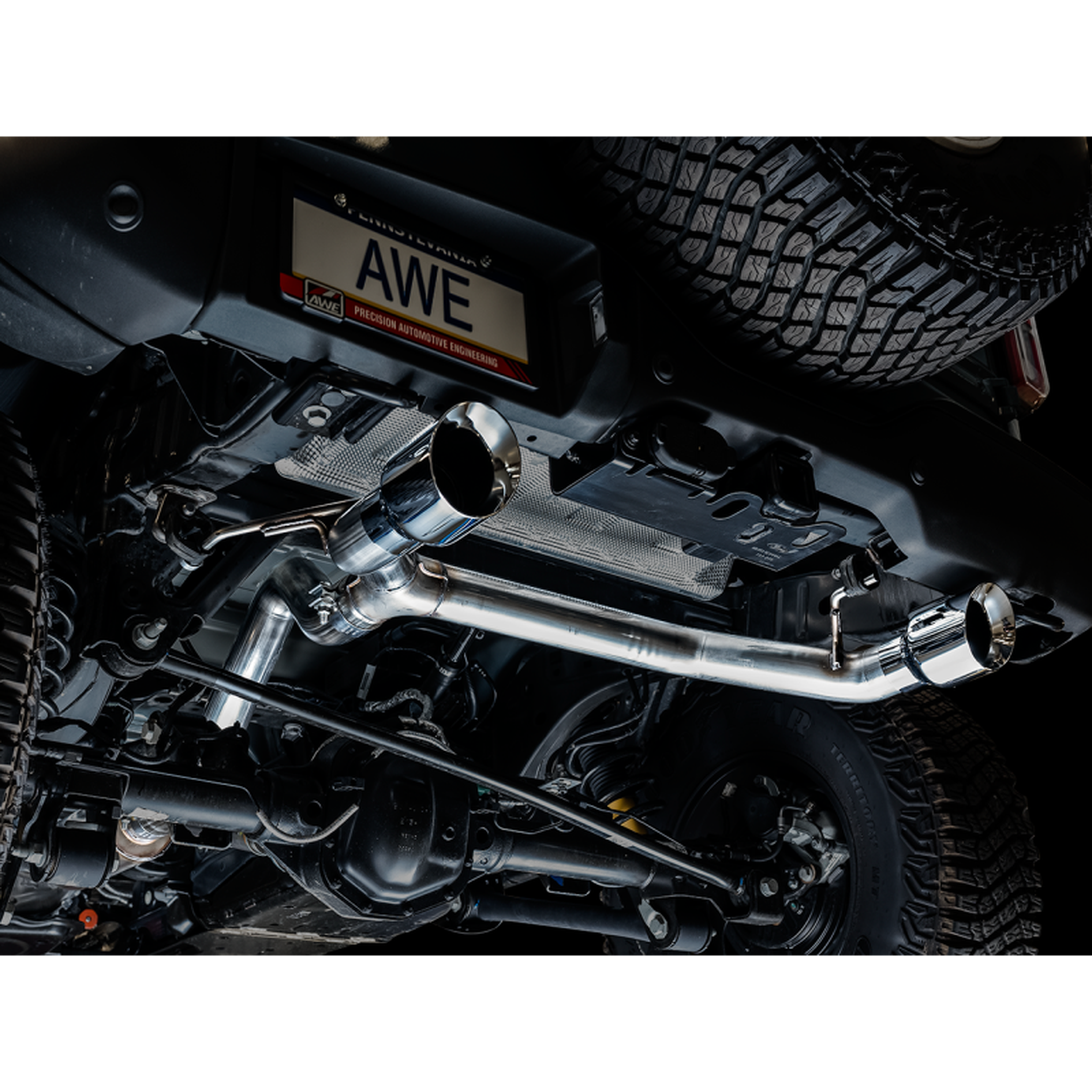 AWE Tuning 2021+ Ford Bronco 0FG Dual Rear Exit Exhaust w/Chrome Silver Tips & Bash Guard