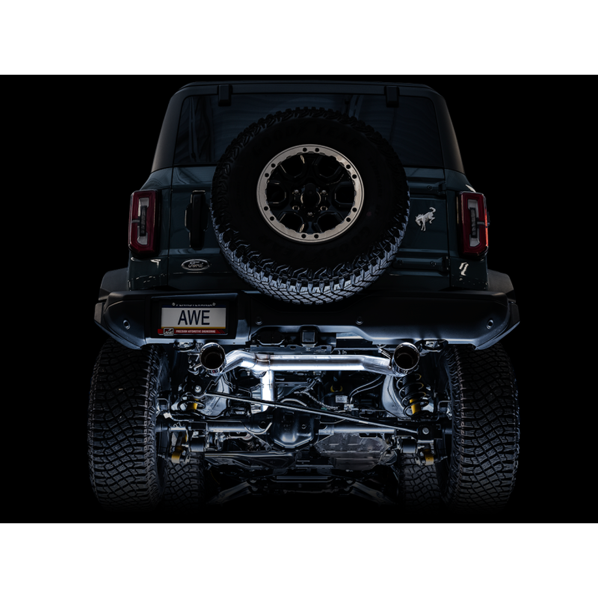 AWE Tuning 2021+ Ford Bronco 0FG Dual Rear Exit Exhaust w/Diamond Black Tips & Bash Guard