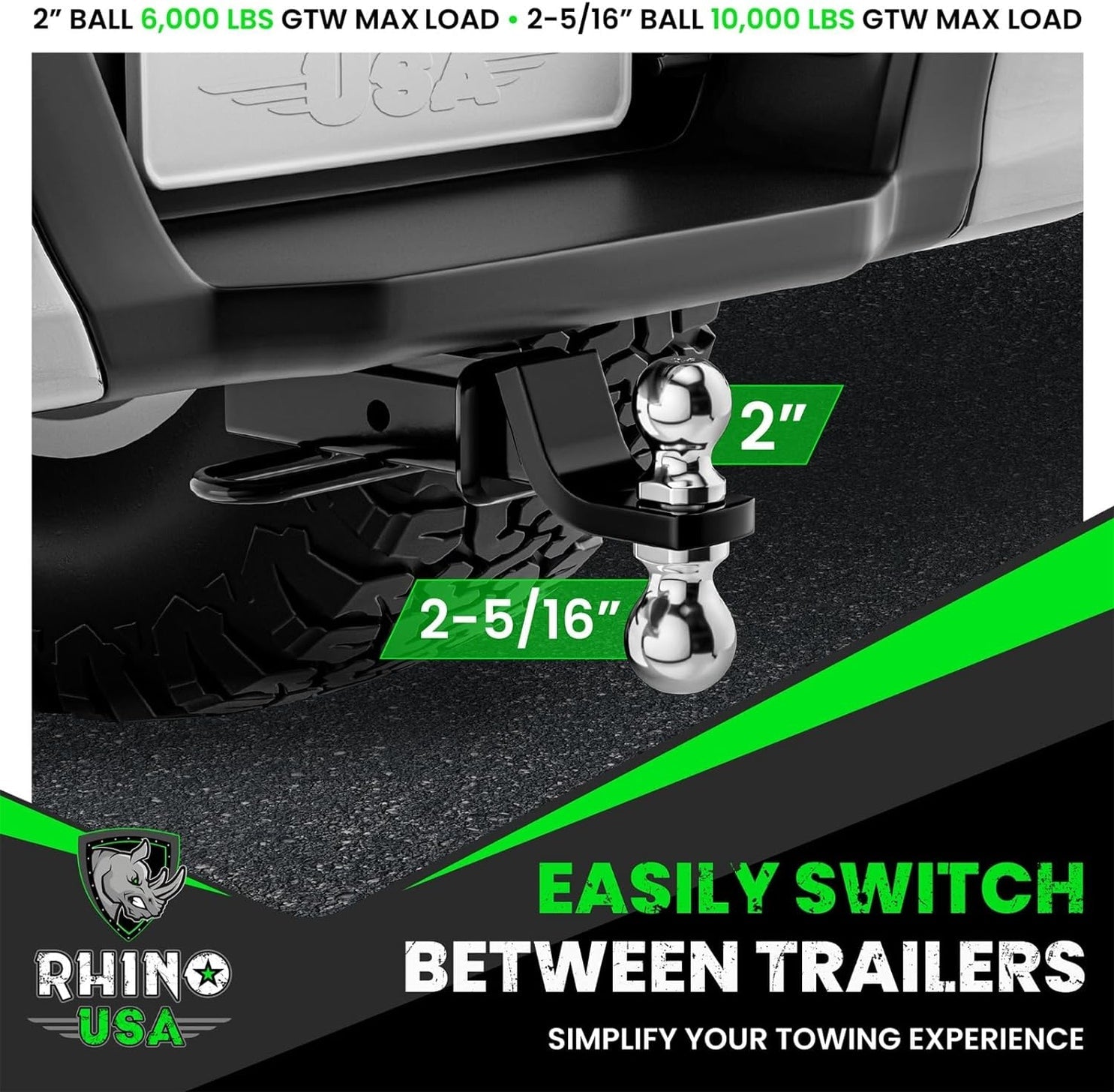 Rhino USA Reversible Dual Ball 2 In & 2 5/16 In Hitch - 2In Shank | TO-HTDUAL-BLK