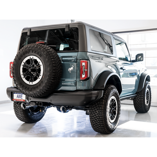 AWE Tuning 2021+ Ford Bronco 0FG Dual Rear Exit Exhaust w/Chrome Silver Tips & Bash Guard