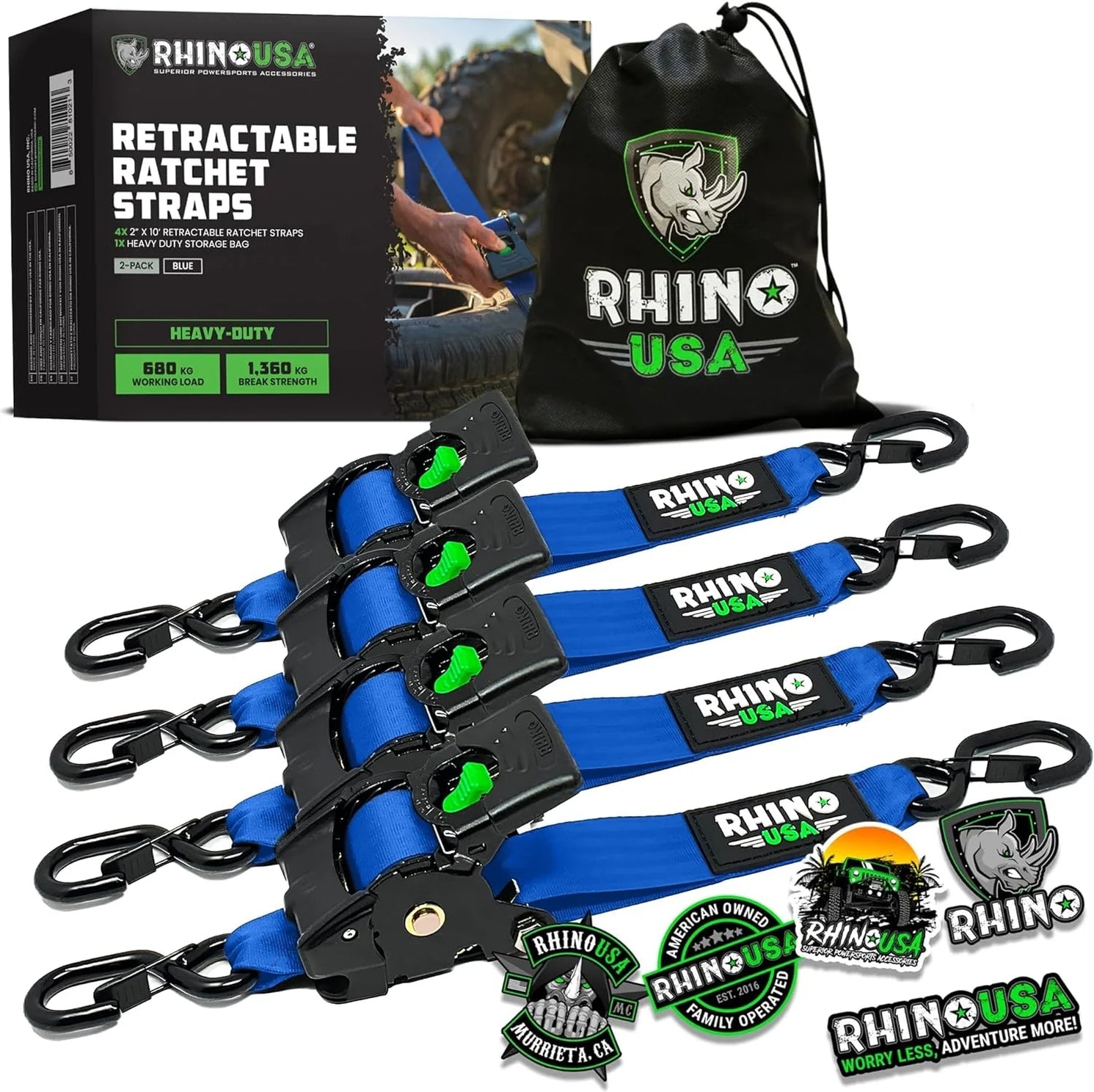 Rhino USA Retractable Ratchet Straps (2Pk 2Inx10Ft) Blue | TD-RSRE2X10-BLU