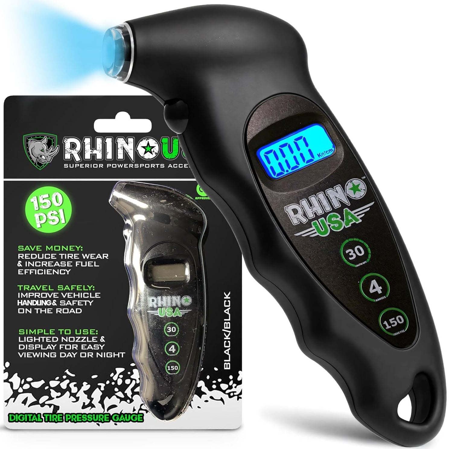 Rhino USA Digital Tire Pressure Gauge 150 Psi (Green) | RGAUGE-DIGITAL