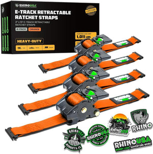 Rhino USA Retractable E-Track Ratchet Straps (4 Pack, 2Inx10Ft) (Orange) | TD-RSRE2X10-ETRK-4ORG