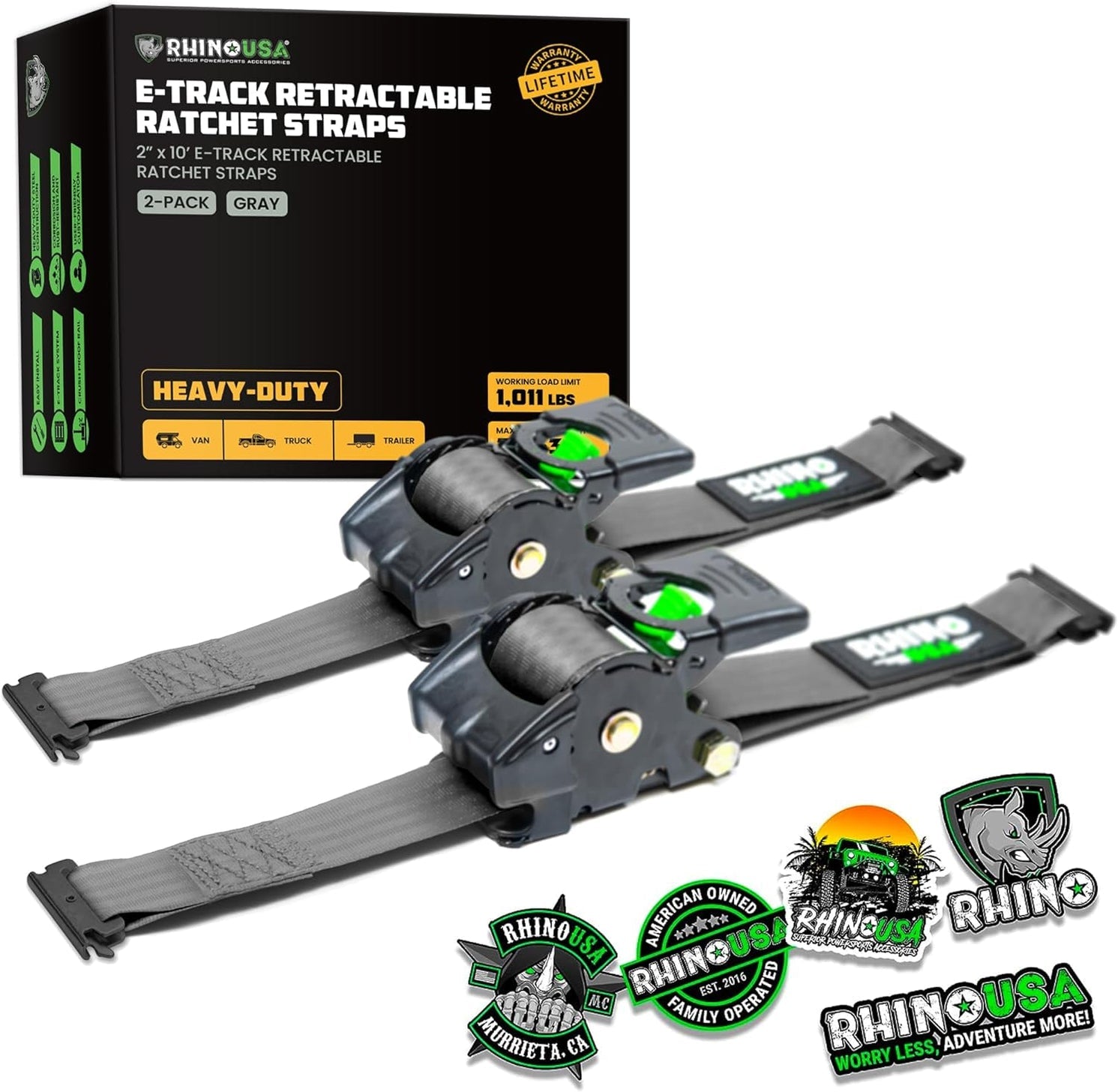 Rhino USA Retractable E-Track Ratchet Straps (4 Pack, 2Inx10Ft) (Gray) | TD-RSRE2X10-ETRK-4GRY