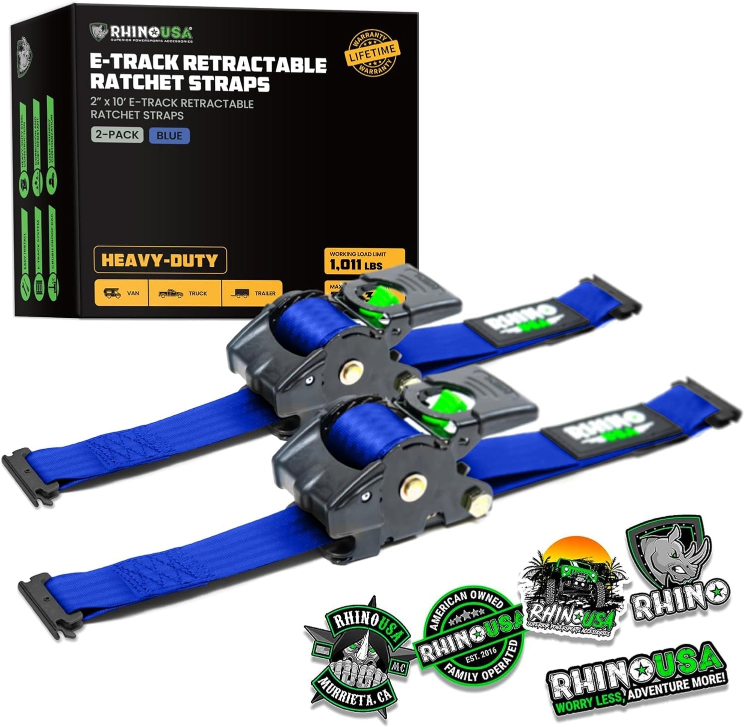 Rhino USA Retractable E-Track Ratchet Straps (2 Pack, 2Inx10Ft) (Blue) | TD-RSRE2X10-ETRK-BLU