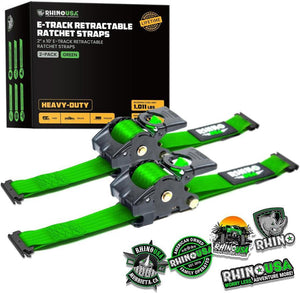 Rhino USA Retractable E-Track Ratchet Straps (2 Pack, 2Inx10Ft) (Green) | TD-RSRE2X10-ETRK-GRN