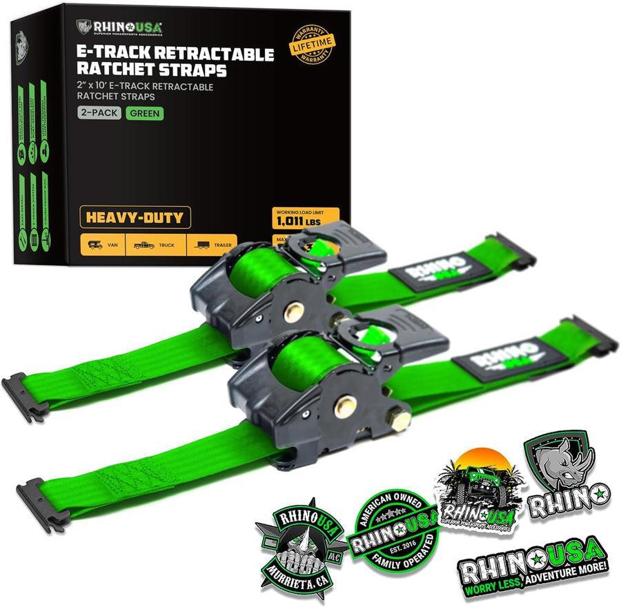 Rhino USA Retractable E-Track Ratchet Straps (2 Pack, 2Inx10Ft) (Green) | TD-RSRE2X10-ETRK-GRN