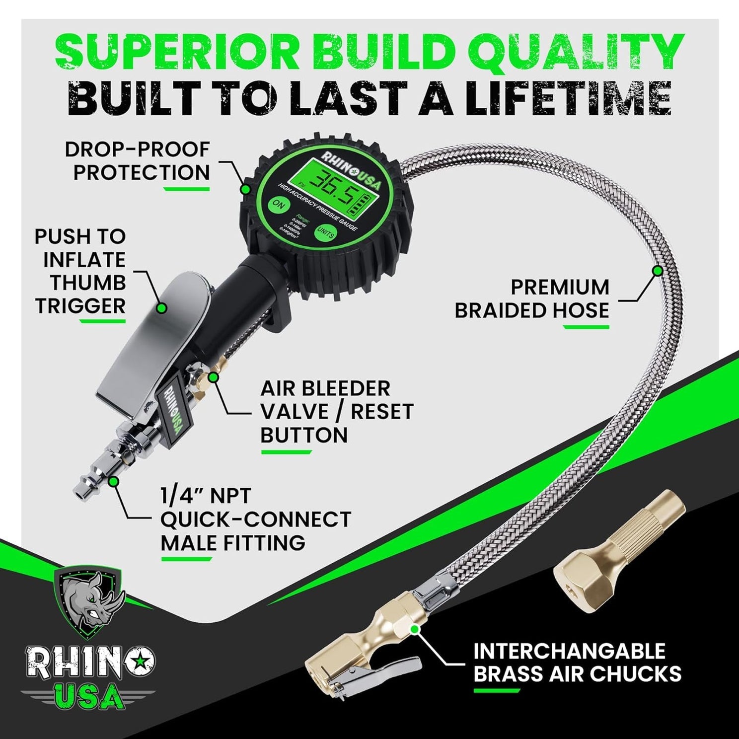 Rhino USA 200 Psi Digital Tire Inflator Gauge | RGAUGE-0200