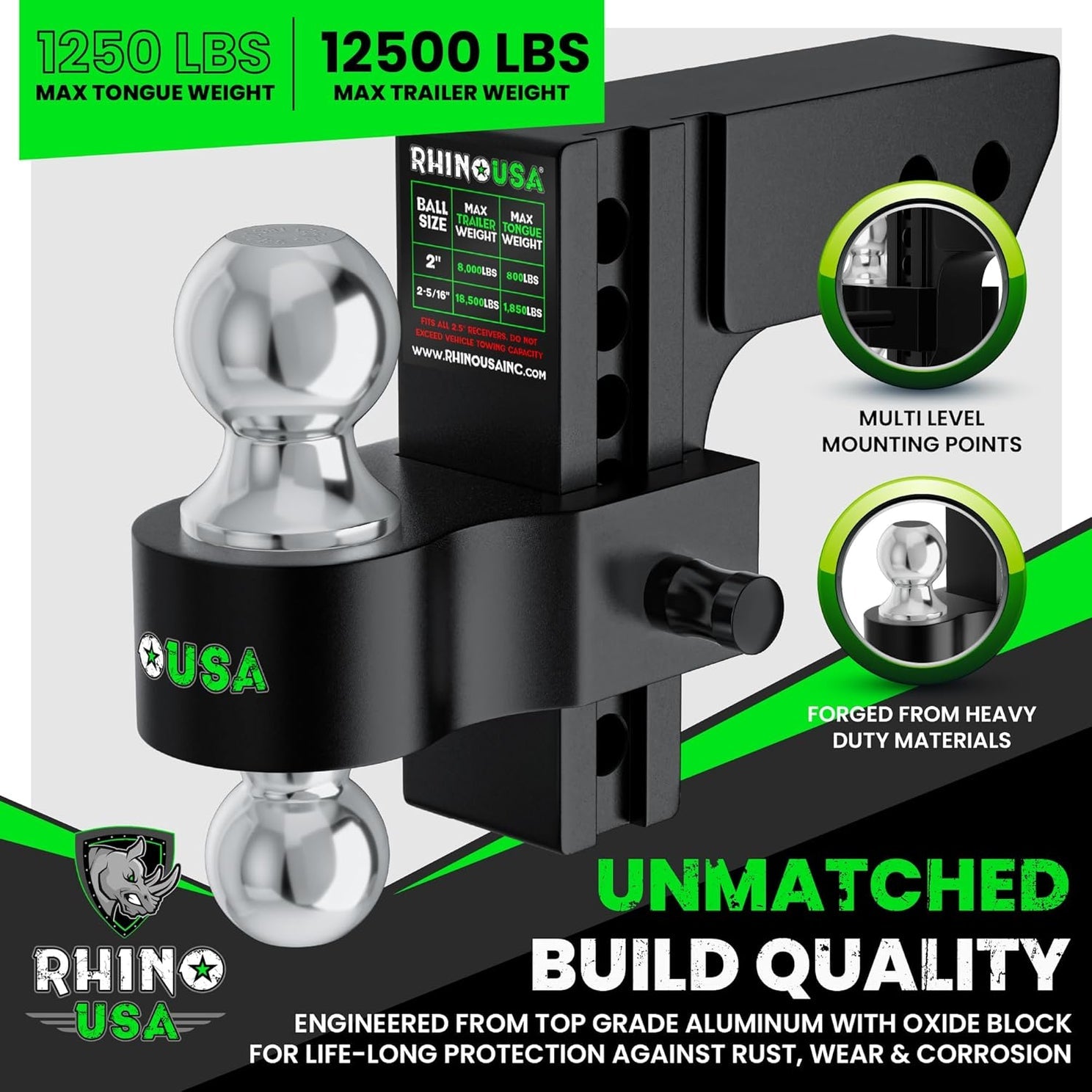 Rhino USA 6In Heavy Duty Drop Hitch - 2.5In (Black) | RG-HTDROP2.56-BLK