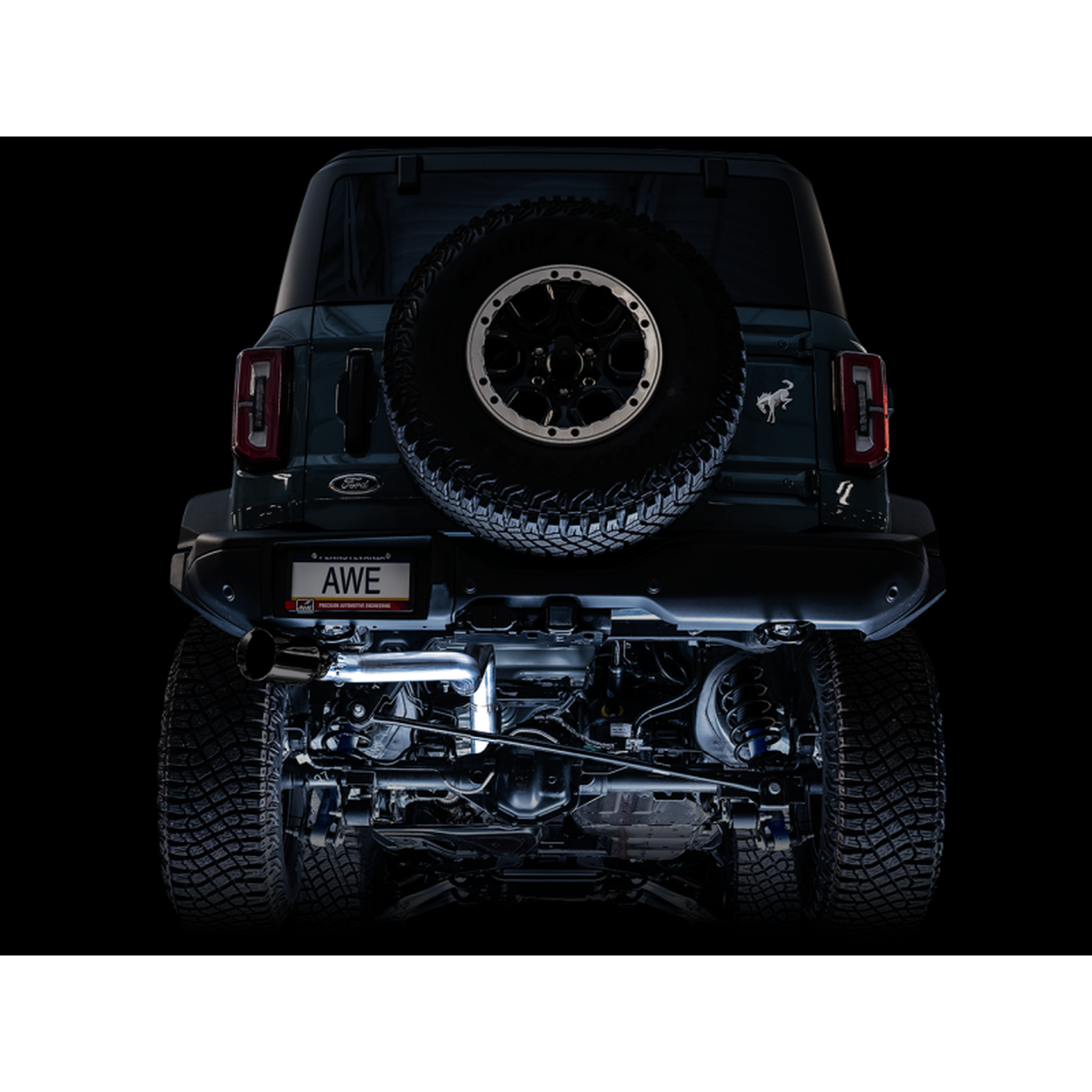 AWE Tuning 2021+ Ford Bronco 0FG Single Rear Exit Exhaust w/Diamond Black Tip & Bash Guard