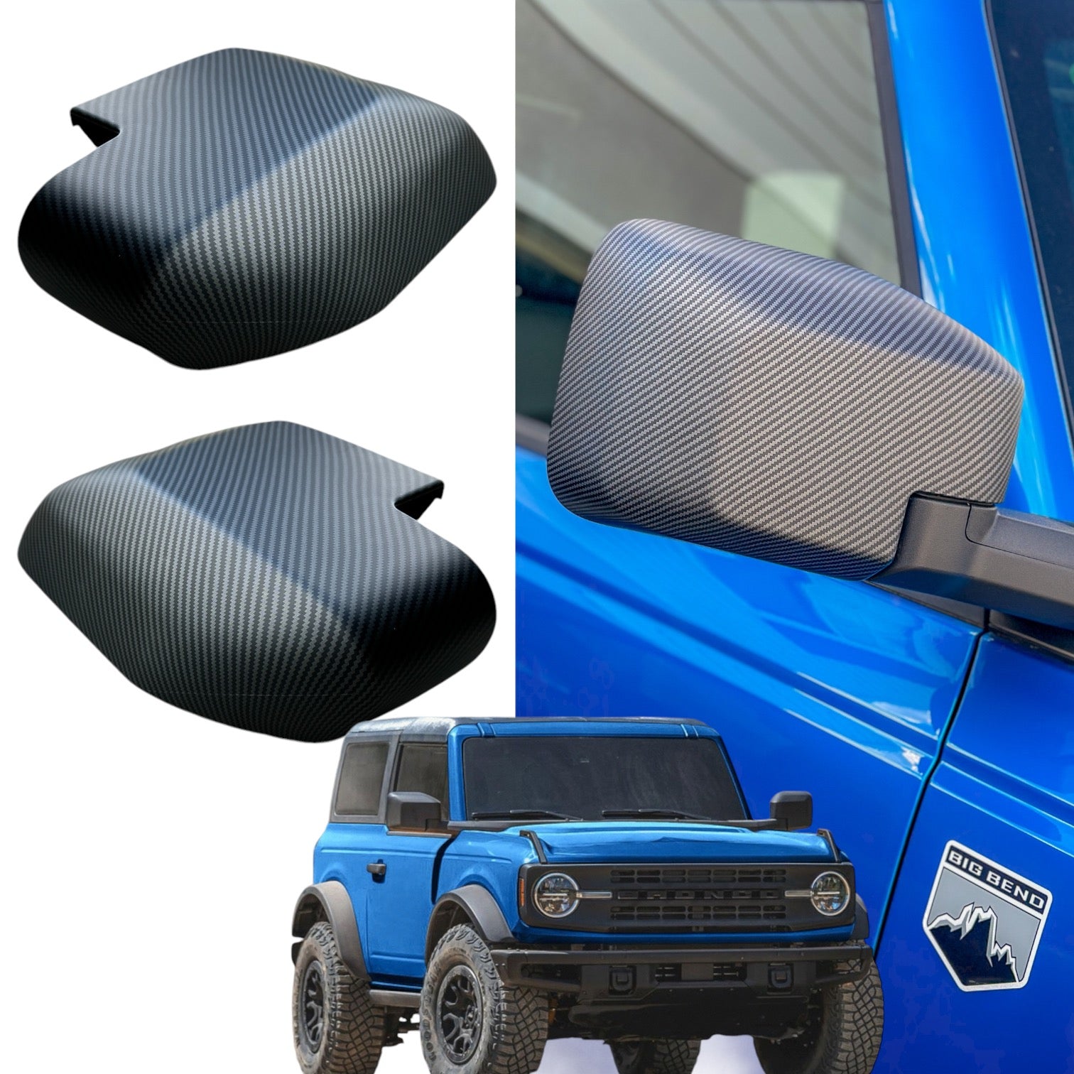 Buckle Up Off-Road Matte Carbon Side Mirror Cap Cover Set for 2021+ Ford Bronco Without Mirror Turn Signals | bub6gmcfmirror