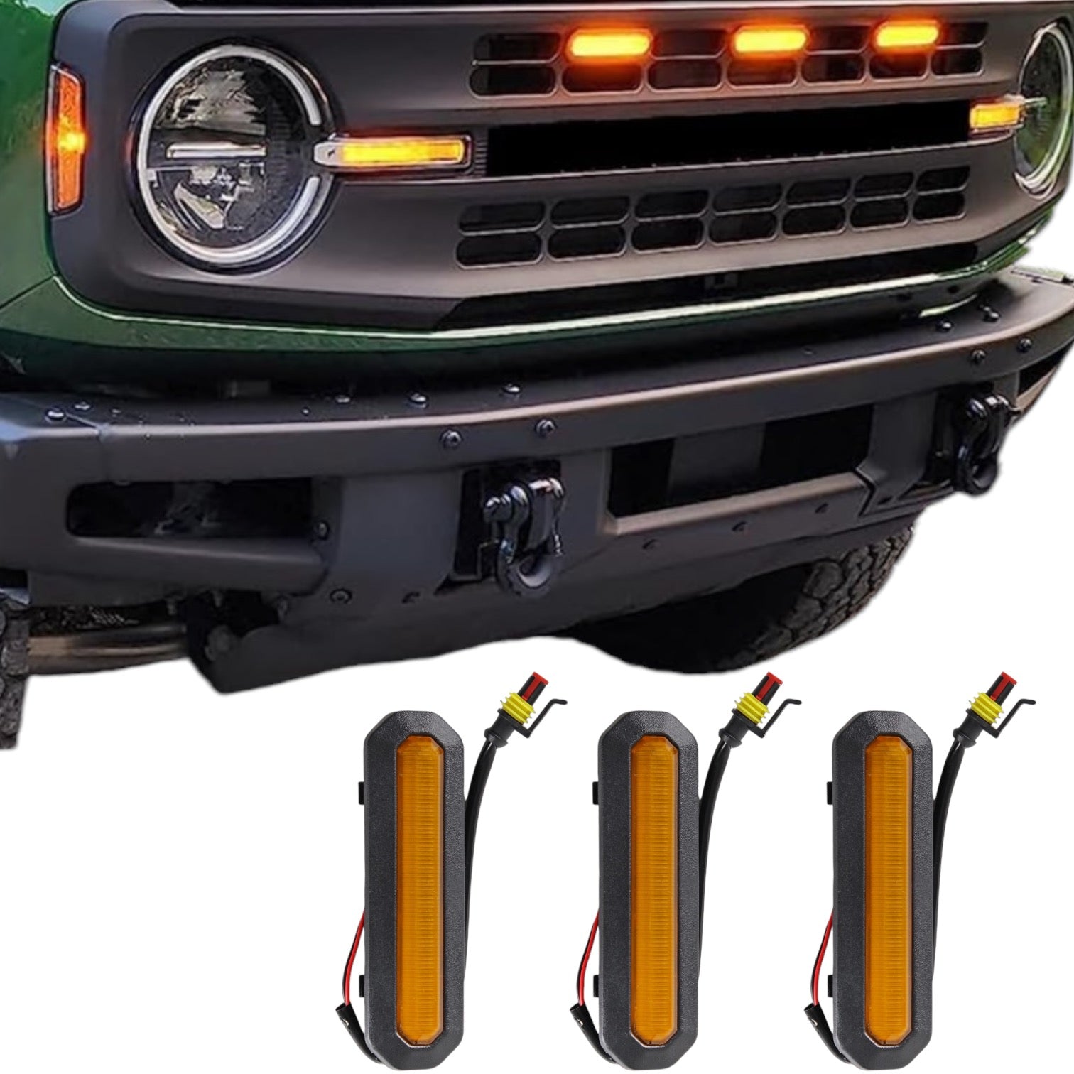 Lumen8 3PC Amber LED Grille Lights for 2021+ Ford Bronco Base & Black Diamond | bub6g3pcgrillebase