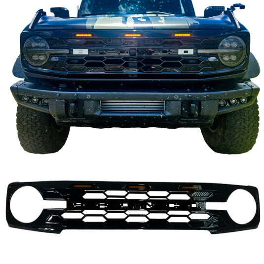 Buckle Up Off-Road Gloss Black Hex Grille with Amber Lighting for 2021+ Ford Bronco