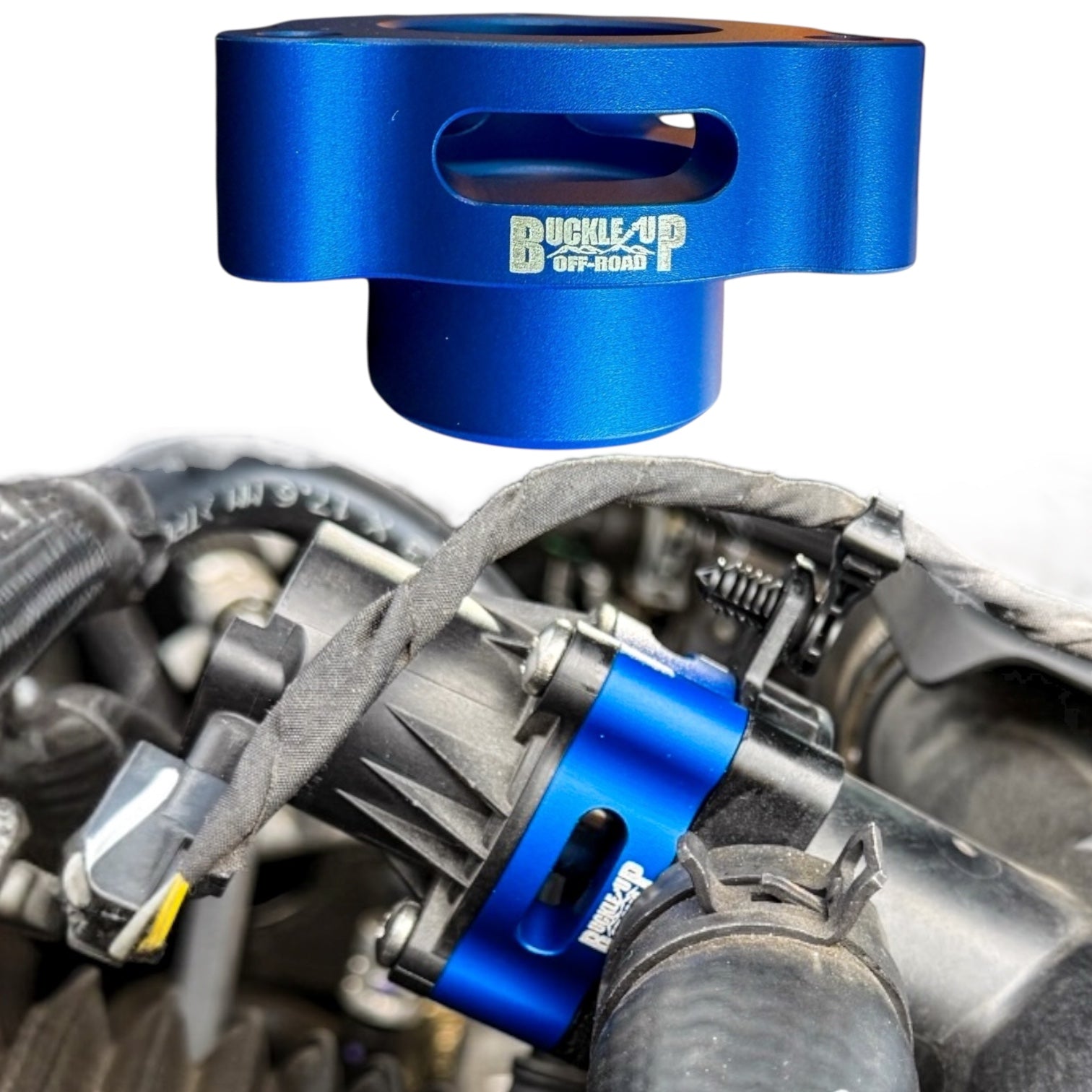 Buckle Up Off-Road Blue Blow Off Valve Spacer for Ford Bronco, Bronco Raptor, Ranger Raptor & More