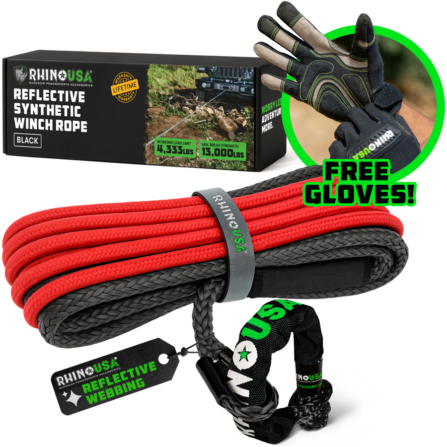 Rhino USA Reflective Synthetic Winch Rope 1/4In X 50Ft - Black | RG-SRWIN1450-BLK