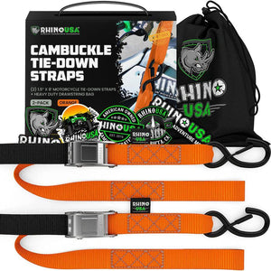Rhino USA Cambuckle Motorcycle Tiedown Straps 2-Pack (Orange) 1.5In X 8Ft | RNO-CAMSOFT-ORG