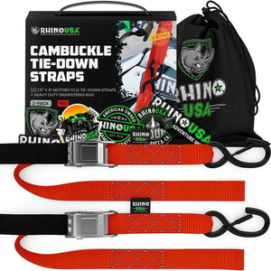 Rhino USA Cambuckle Motorcycle Tiedown Straps 2-Pack (Red) 1.5In X 8Ft | RNO-CAMSOFT-RED