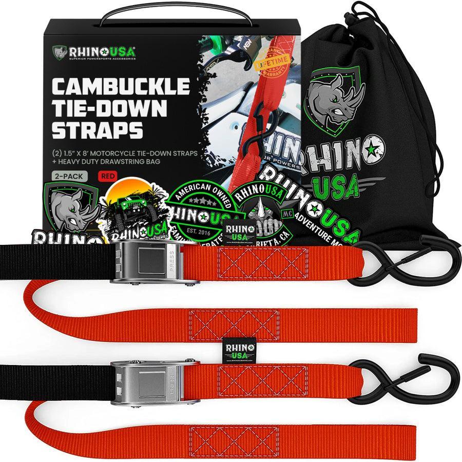 Rhino USA Cambuckle Motorcycle Tiedown Straps 2-Pack (Red) 1.5In X 8Ft | RNO-CAMSOFT-RED