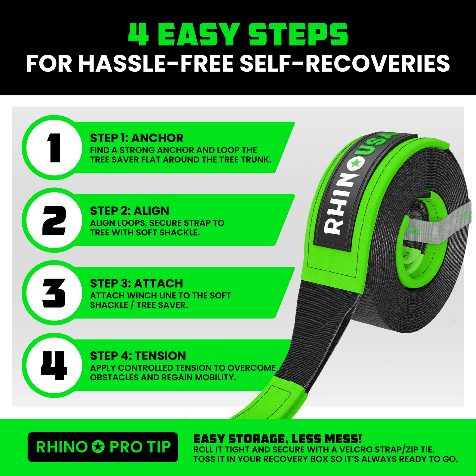Rhino USA Recovery Tree Saver Strap 3Inx8Ft (Black) | RNO-TREESAVER