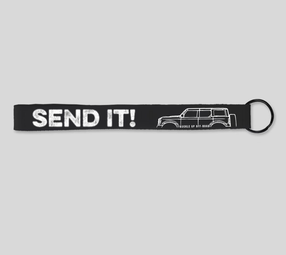 Buckle Up Off-Road Merch "Send it" Keychain with Bronco Strap - Black