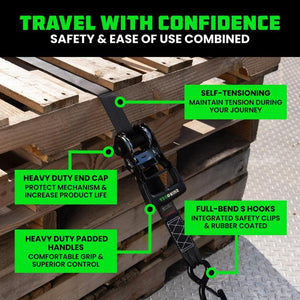 Rhino USA Self-Tensioning Ratchet Straps (2Pk 1.6Inx8Ft) (Black) | TD-RSST-16X8-2BLK