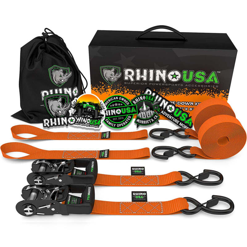 Rhino USA Heavy Duty Ratchet Tie-Downs 2-Pack (Orange) 1.6In X 8Ft | HDKIT-2PK-ORG