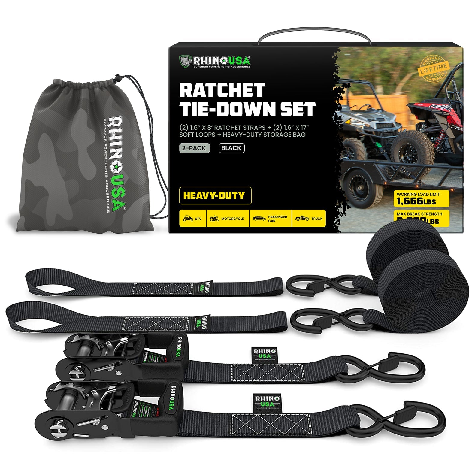 Rhino USA Heavy Duty Ratchet Tie-Downs 2-Pack (Black) 1.6In X 8Ft | GRLA-TDWN-SET
