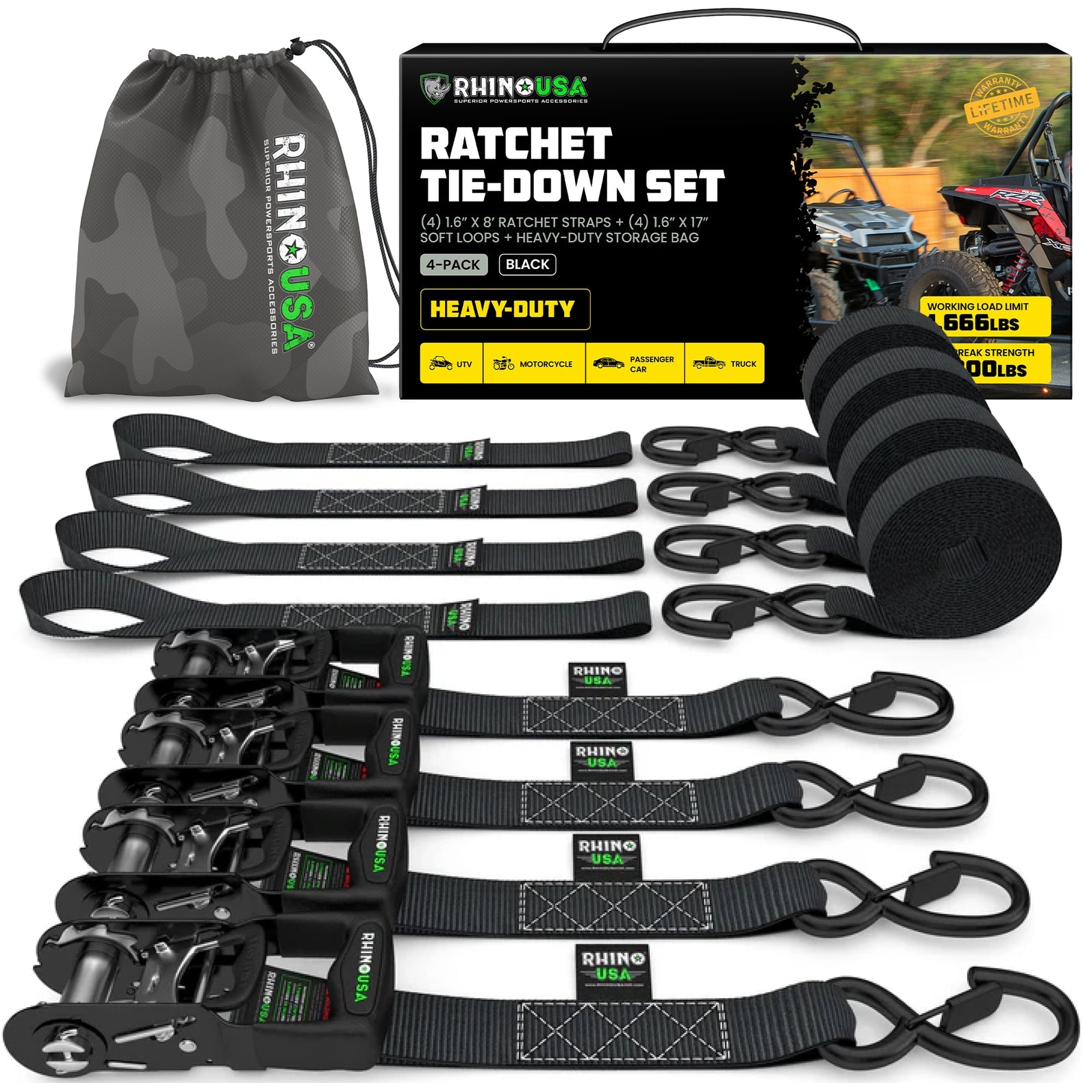 Rhino USA Self-Tensioning Ratchet Straps (4Pk 1.6Inx8Ft) (Black) | TD-RSST-16X8-4BLK