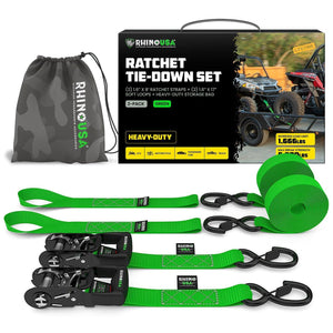 Rhino USA Heavy Duty Ratchet Tie-Downs 2-Pack (Green) 1.6In X 8Ft | HDKIT-2PK-GRN