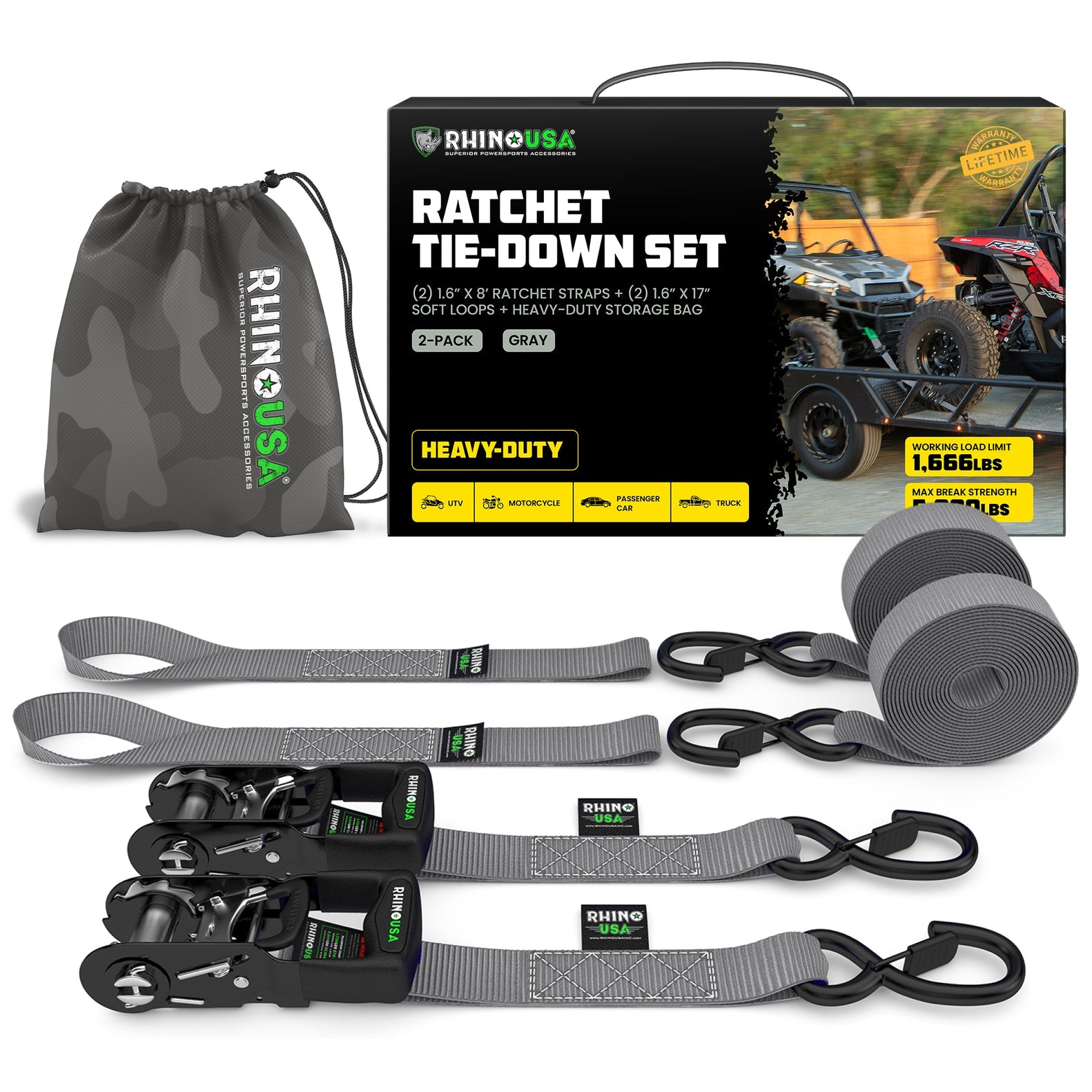 Rhino USA Heavy Duty Ratchet Tie-Downs 2-Pack (Gray) 1.6In X 8Ft | HDKIT-2PK-GRY